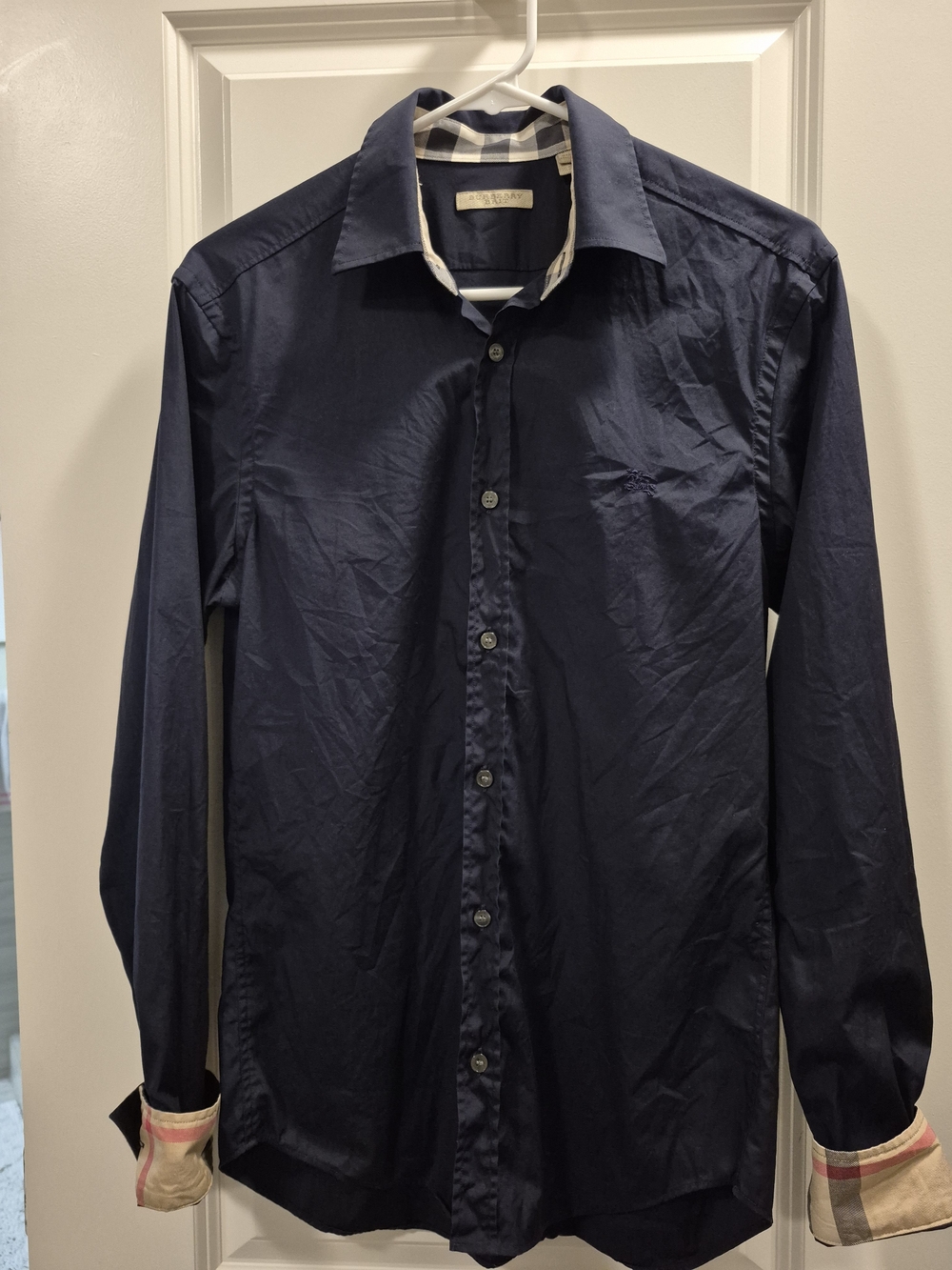 Burberry Navy Long Sleeve Dress Shirt with Check Accents